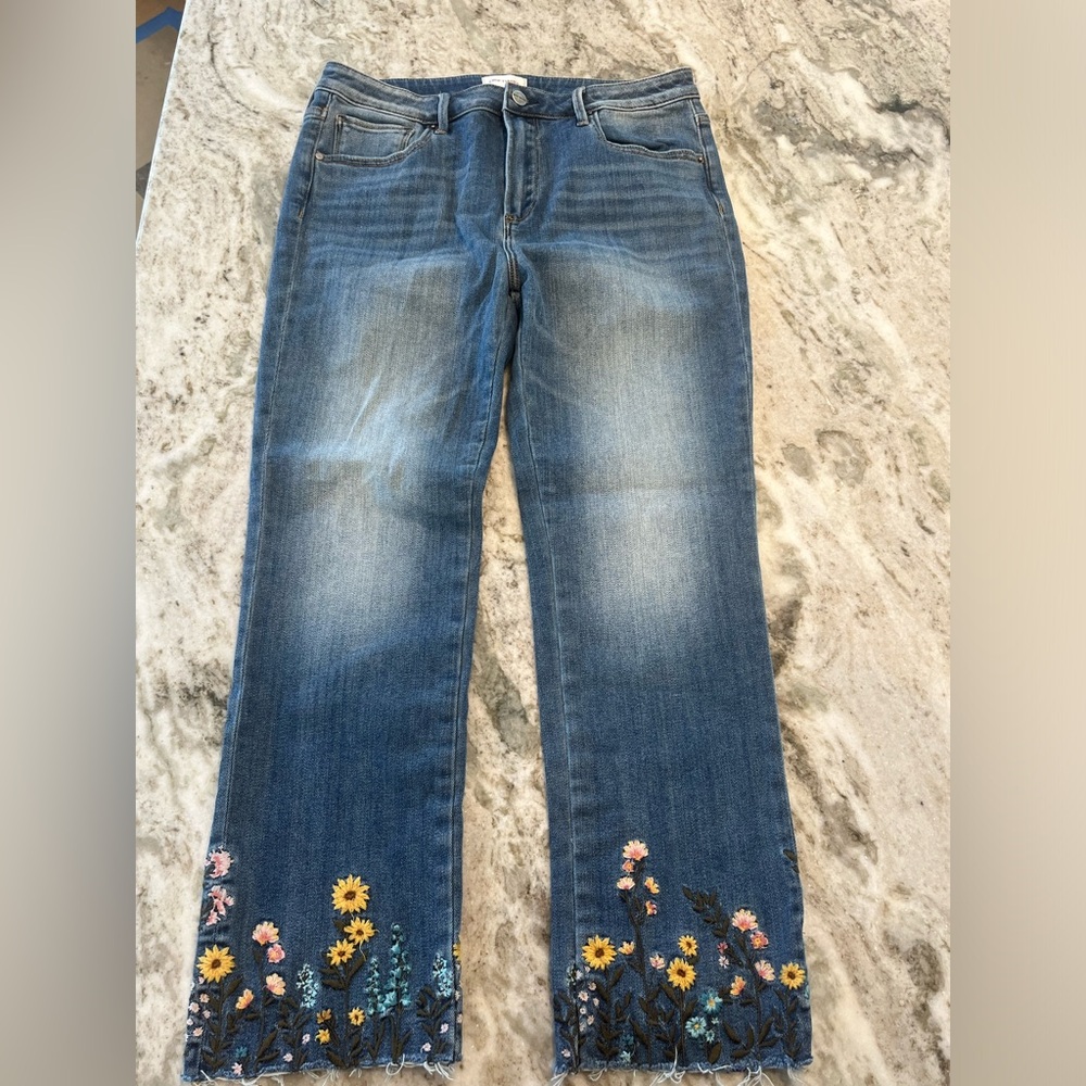 DRIFTWOOD High Rise Blue Jeans with Floral Embroidery